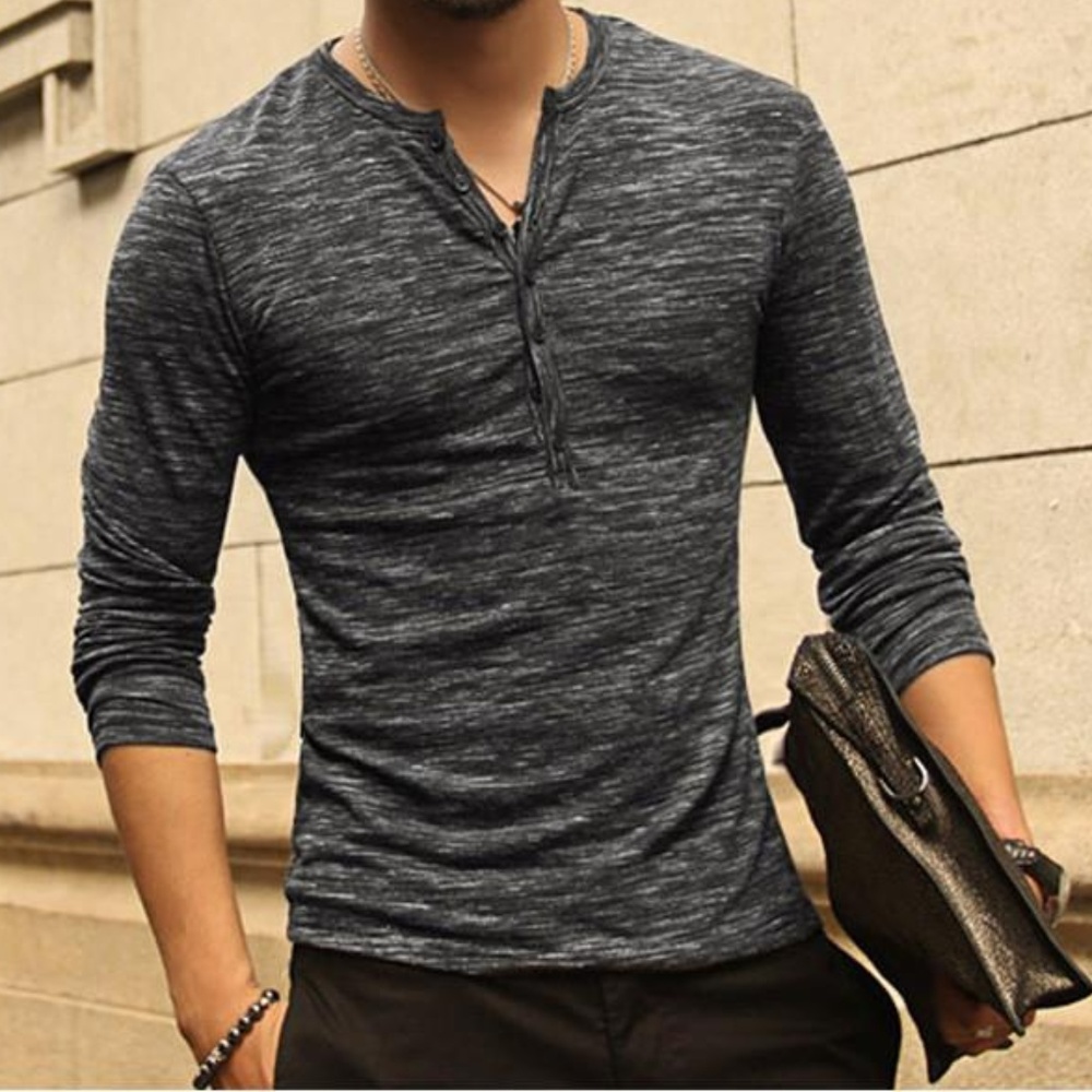 Men Henley Shirt Long Sleeve Slim Fit Tee
